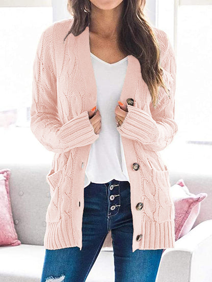 Womens Chunky Cable Knit Button Cardigan Sweater Pockets