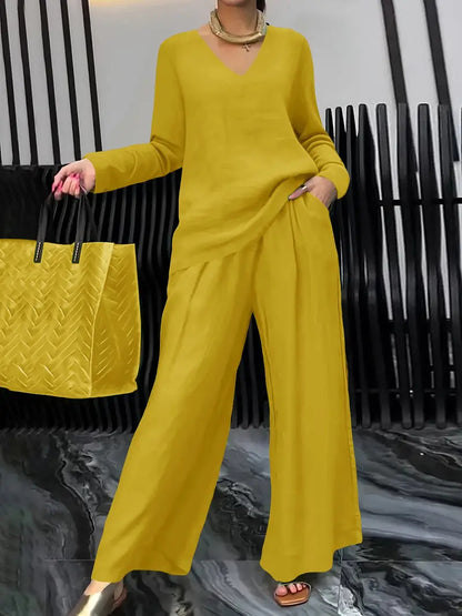 Women's Casual V Neck Wide Leg Pants Matching Set Plus Size
