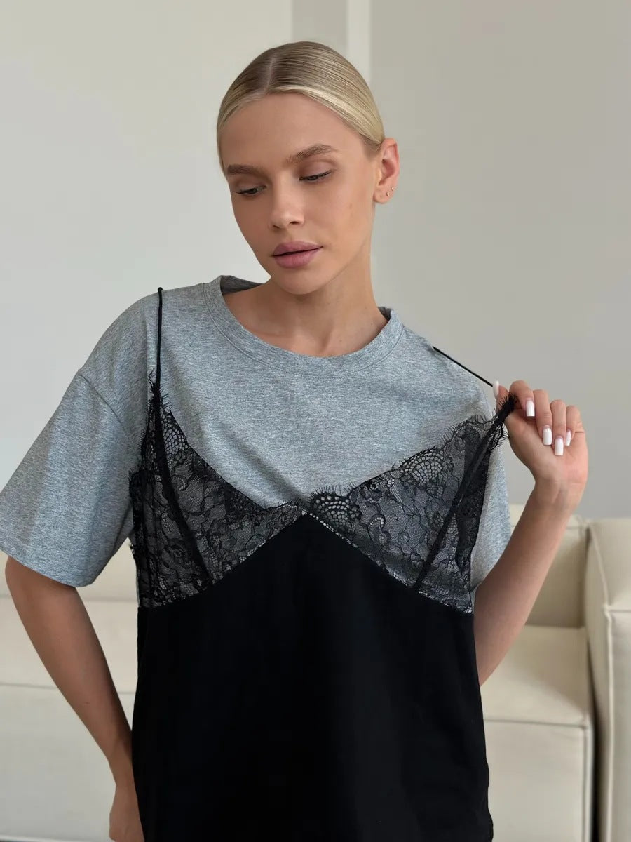 Sexy Lace Splice Loose Tee Top Casual Streetwear Summer Women