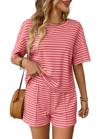 Womens Striped Lounge Set Casual Tee and Shorts Set