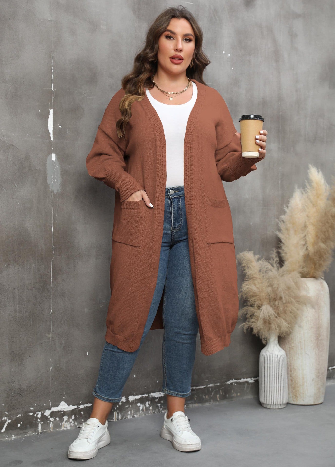 Loose Medium and Long Double Pocket Lantern Sleeve Sweater Cardigan