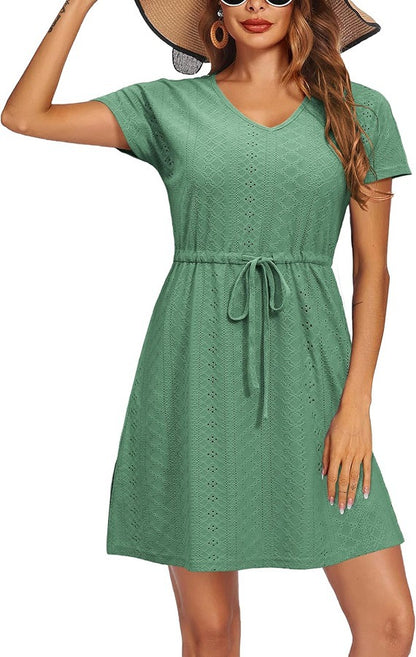 Short Sleeve A-Line Cover Up Dress with Hollow Detail