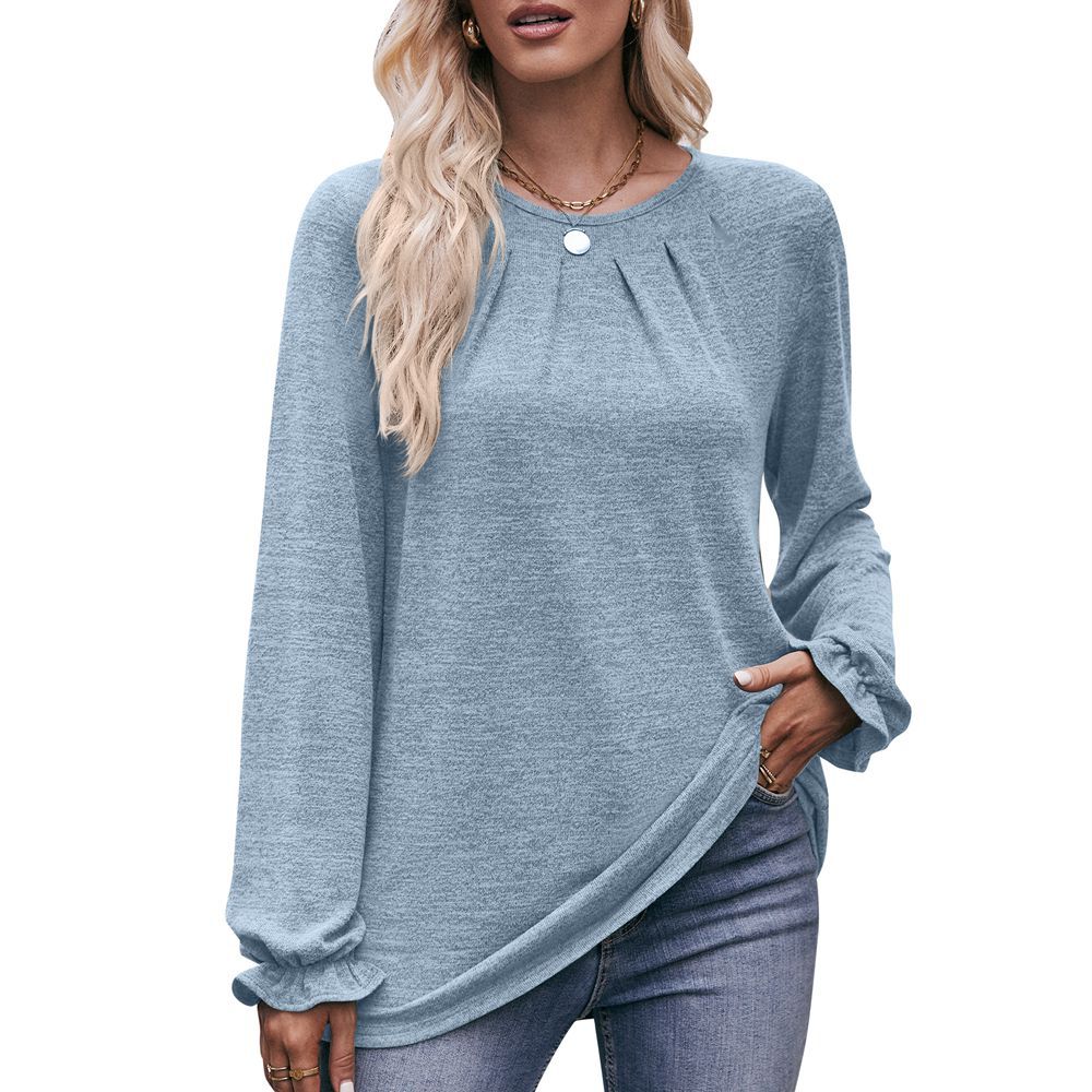 Pleated Crew Neck Long Sleeve T-Shirt with Polished Finish