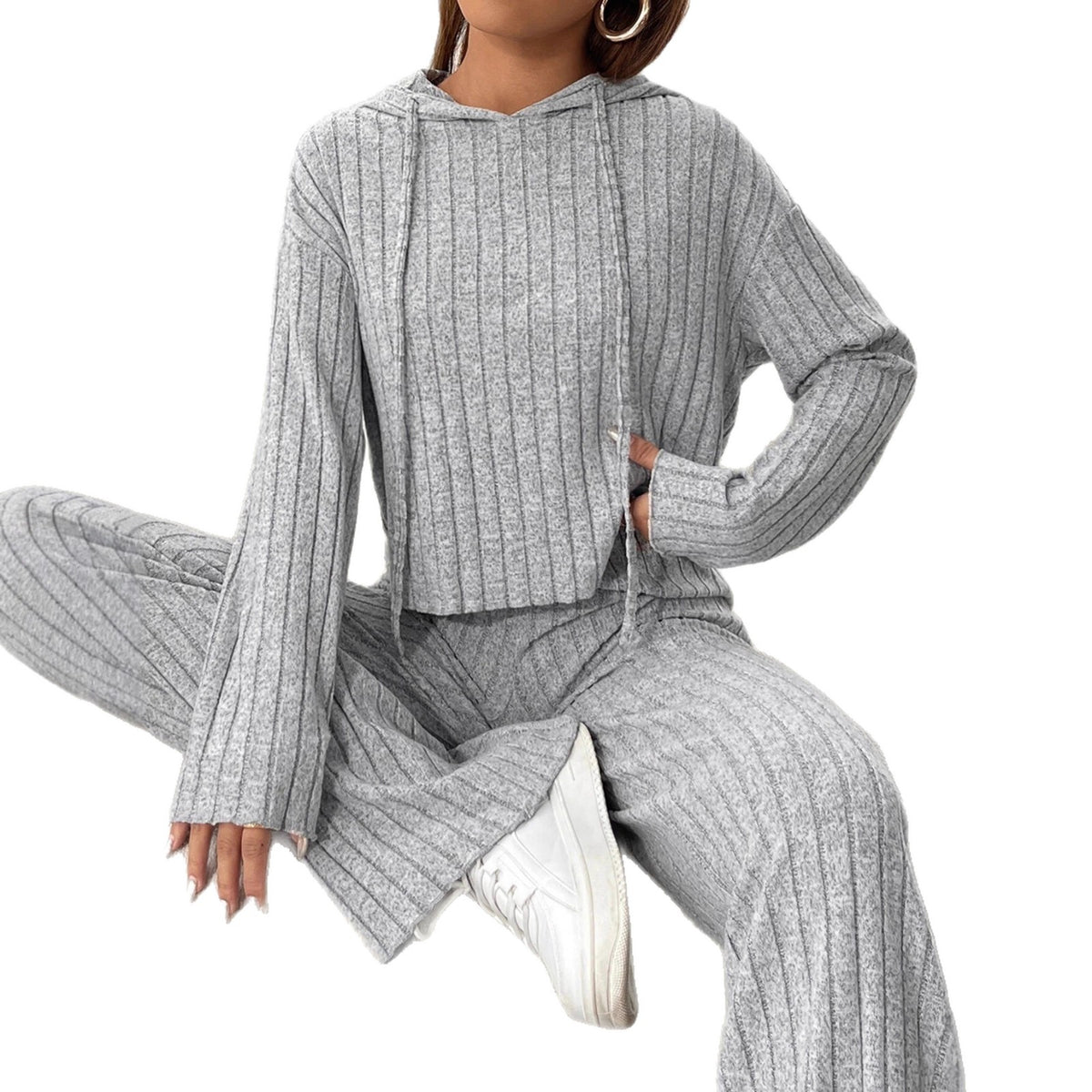 Women's Ribbed Knit Hoodie & Pants Two Piece Set