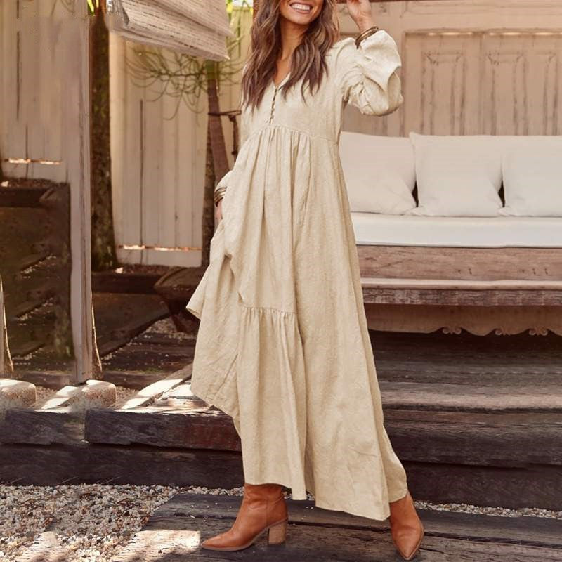 Women's Long Sleeve V-Neck Button Tiered Maxi Dress Pockets