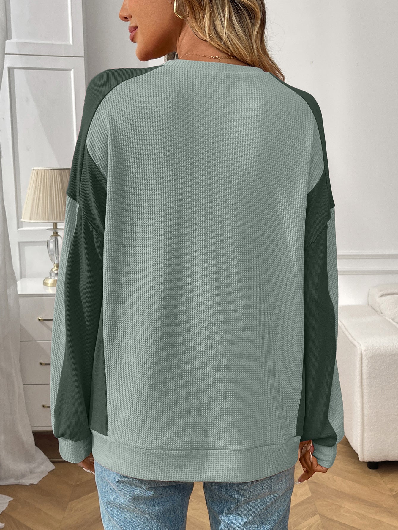 Color Block Waffle Knit Long Sleeve Pullover Top