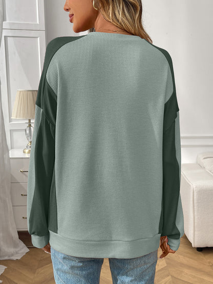 Color Block Waffle Knit Long Sleeve Pullover Top