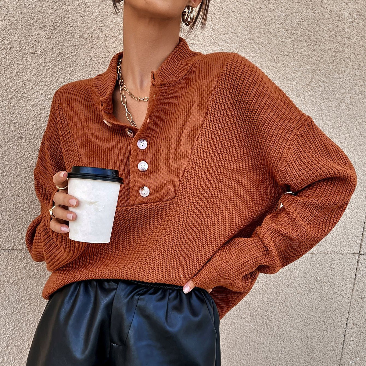 Women's Long Sleeve Polo Collar Button Knit Sweater