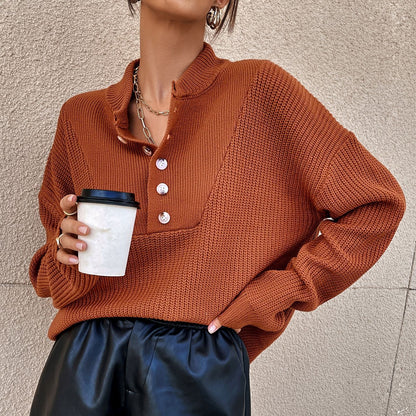 Women's Long Sleeve Polo Collar Button Knit Sweater