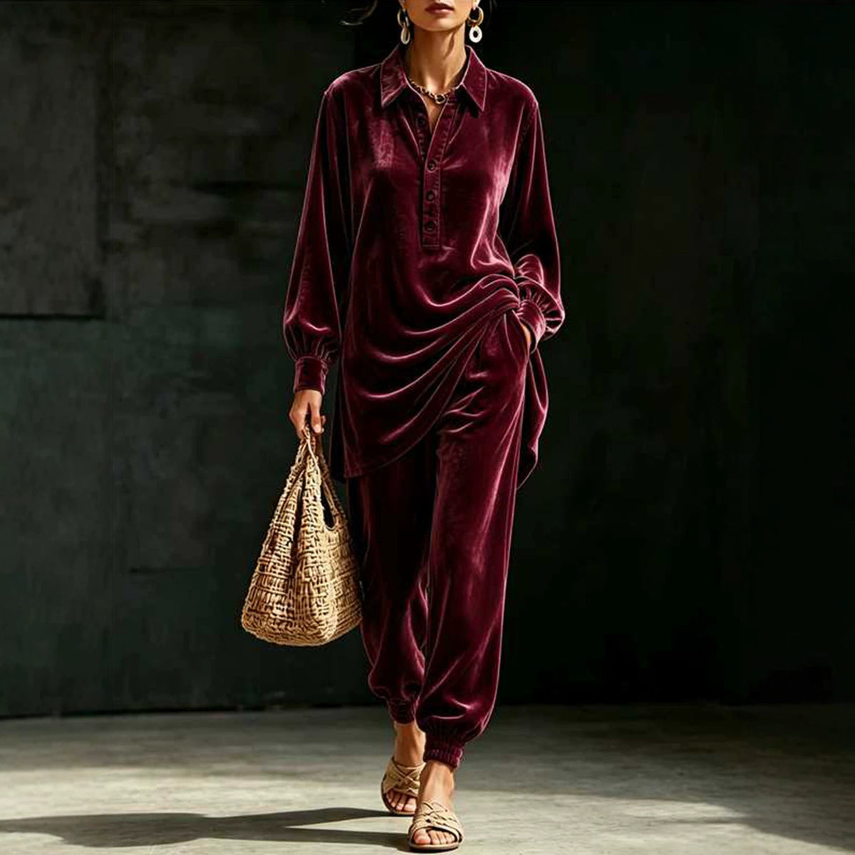 Women Oversized Velvet Lounge Set 2 Piece Shirt & Pants