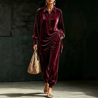 Women Oversized Velvet Lounge Set 2 Piece Shirt & Pants