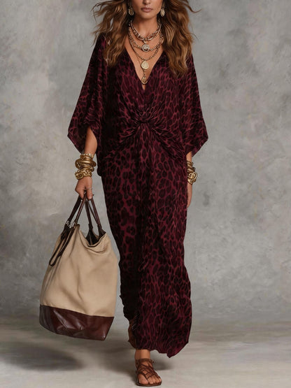 Leopard Print V-Neck Maxi Dress Batwing Sleeve Twist Front