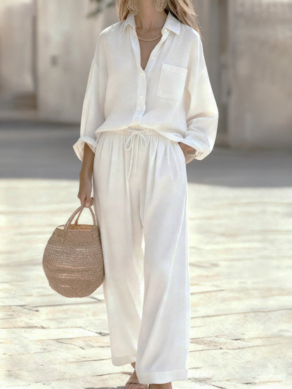 Women's Linen Look Shirt Pants Two Piece Set Casual Lounge
