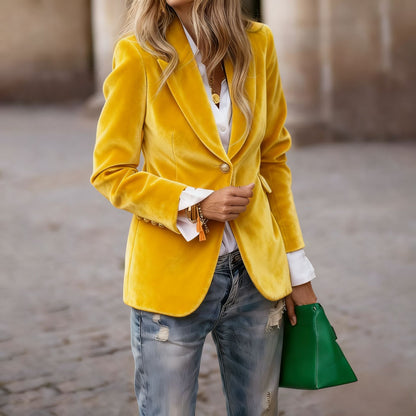 Women's Fitted Velvet Blazer Single Button Suit Jacket