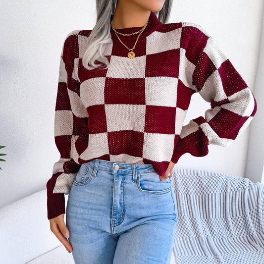 2025 Fall/Winter Colorblock Checkered Knit Sweater - Street Style