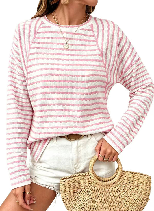 Textured Striped Long Sleeve Pullover Casual Knit Top