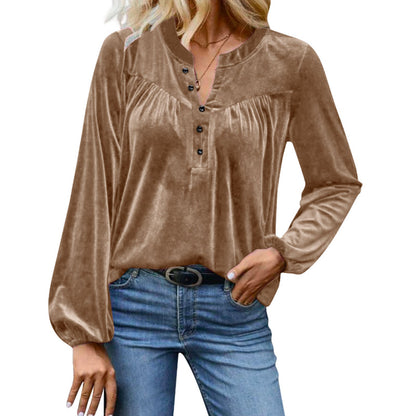 Velvet V Neck Button Top Long Sleeve Relaxed Fit Blouse
