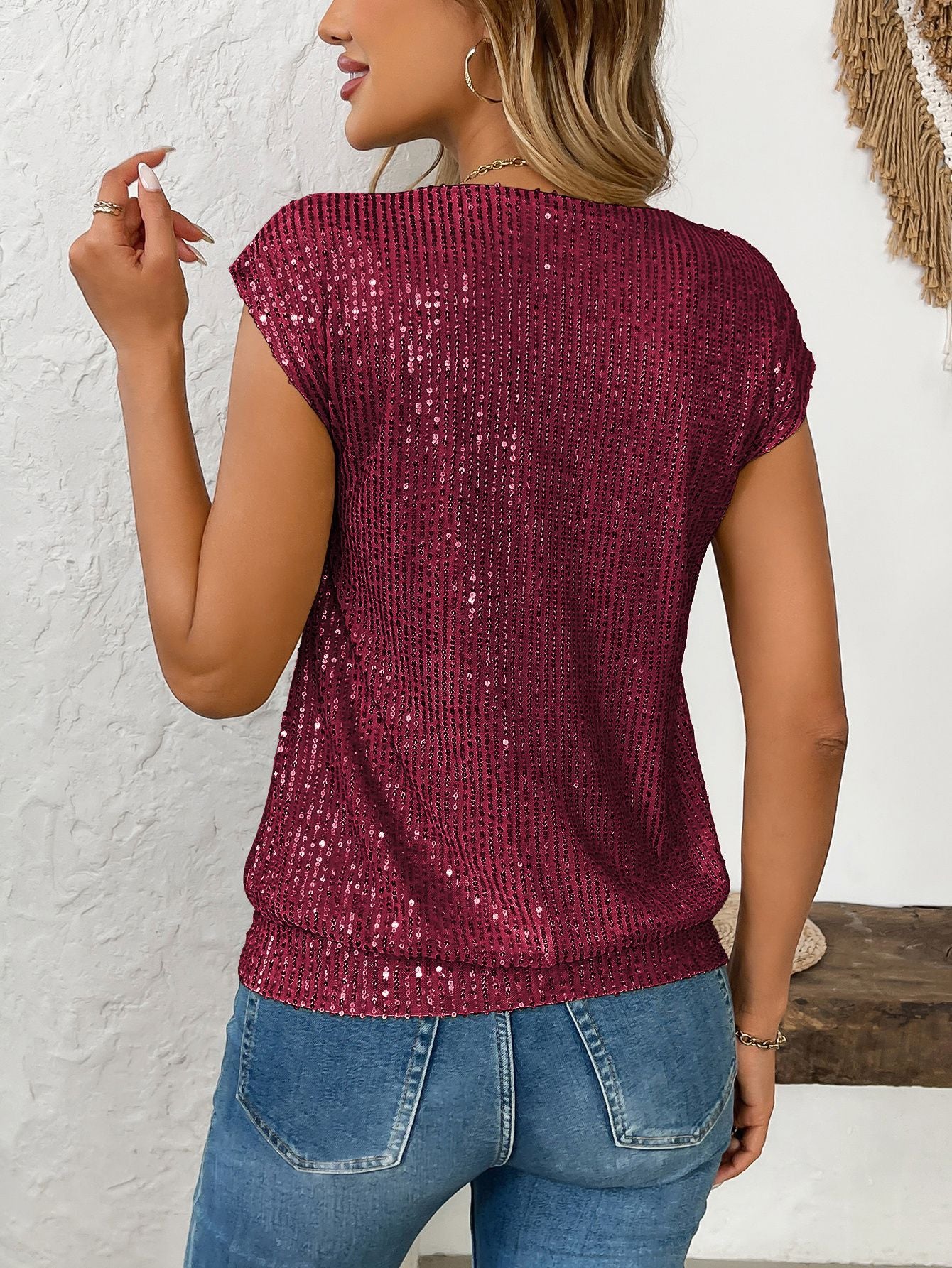 Women's V-Neck Sequin Tank Top – Sleeveless Summer Party Blouse