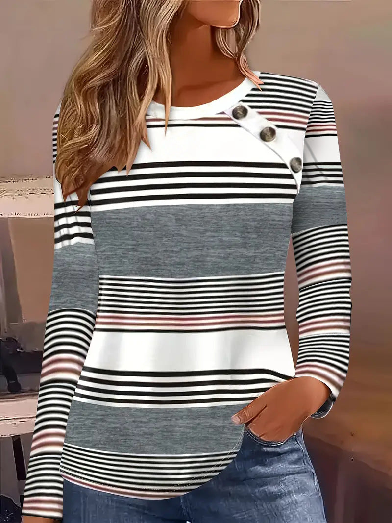 Women's Striped Color Block Button Long Sleeve Tunic Top