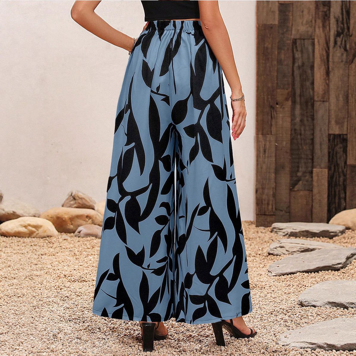 Women's Leaf Print Chiffon High Waist Wide Leg Pants
