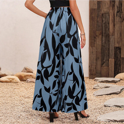 Women's Leaf Print Chiffon High Waist Wide Leg Pants