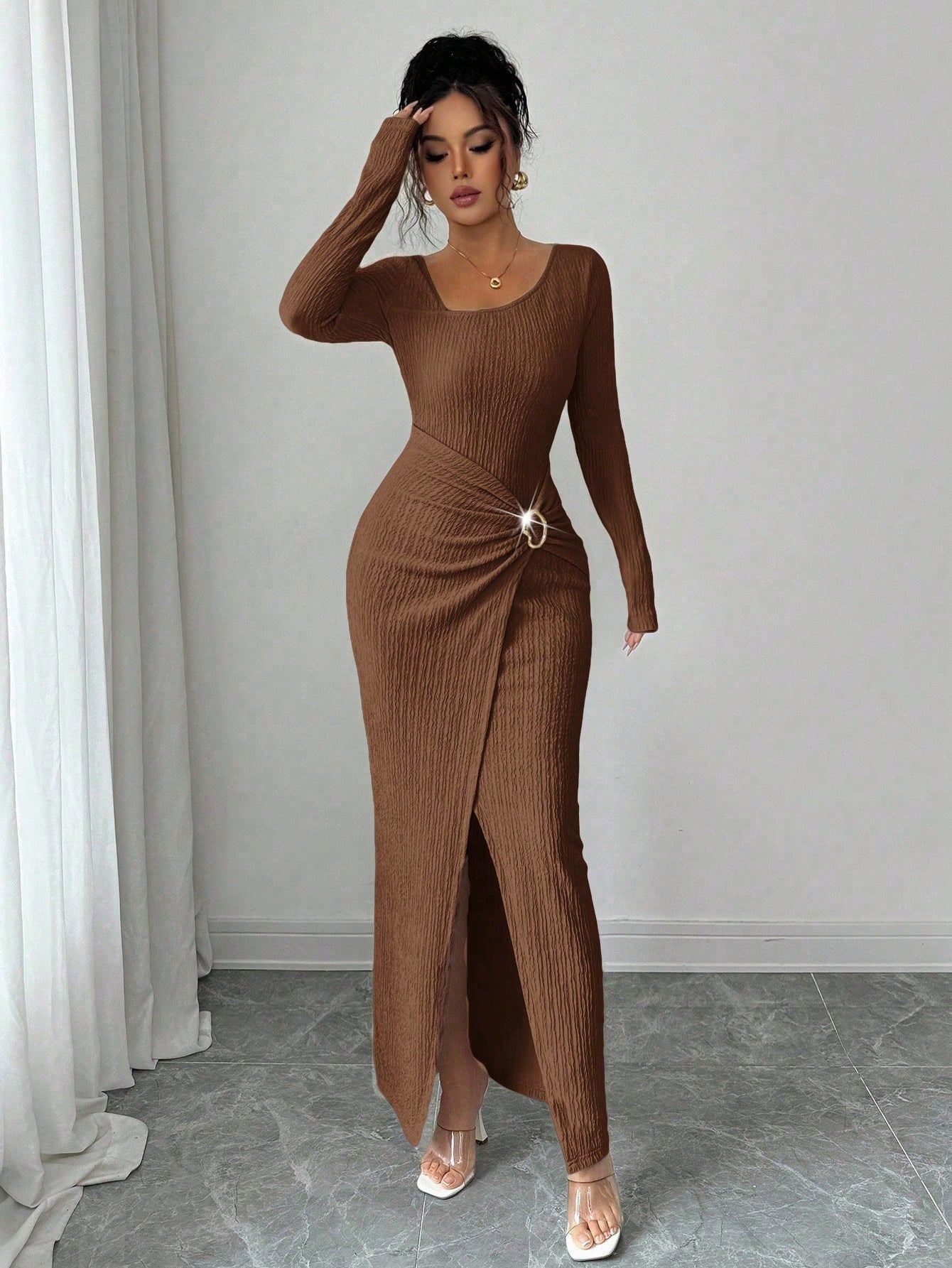 Wine Red Asymmetric Neck Knit Maxi Dress Women