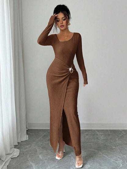 Wine Red Asymmetric Neck Knit Maxi Dress Women