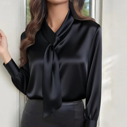 Satin Tie Neck Blouse Elegant Long Sleeve Top