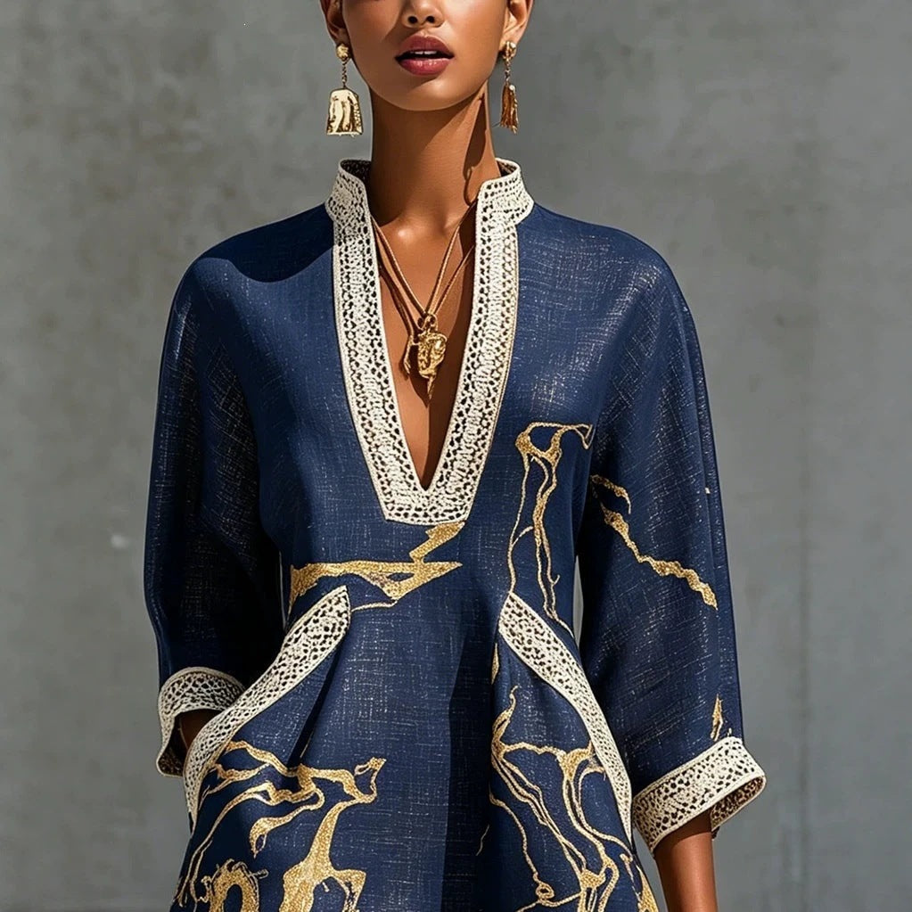 Boho V Neck Lace Trim Gold Abstract 3/4 Sleeve Mini Dress