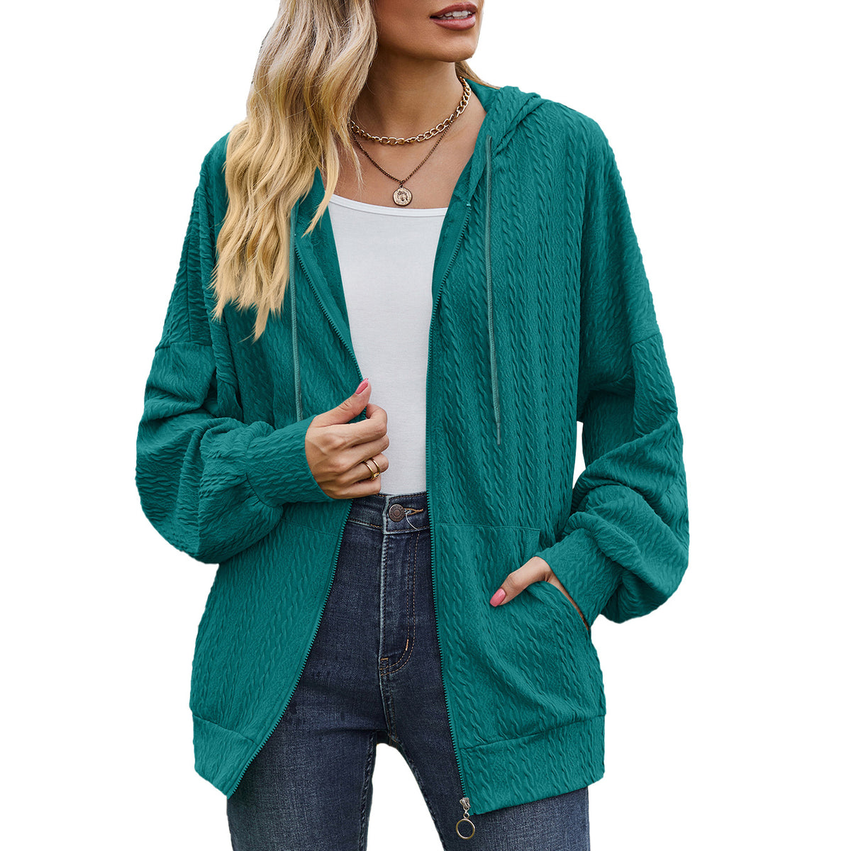 Oversized Textured Zip-Up Hoodie Jacket Pockets