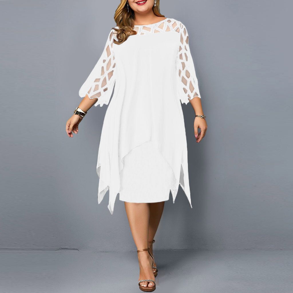 Plus Size Lace Chiffon Midi Dress Asymmetrical 3/4 Sleeve
