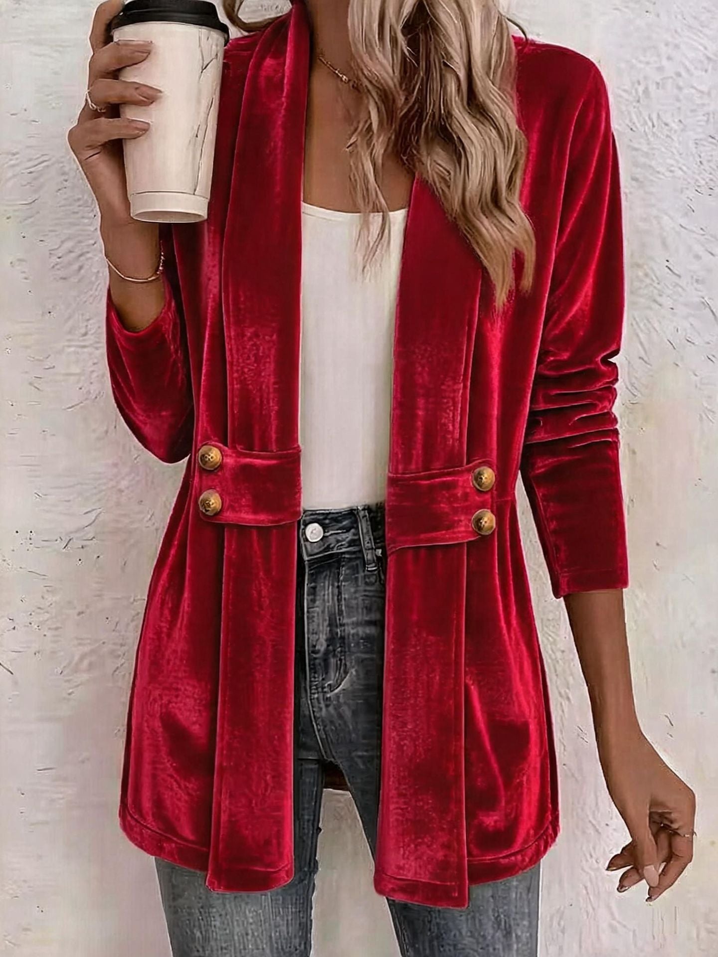 Velvet Shawl Collar Open Front Cardigan Long Sleeve