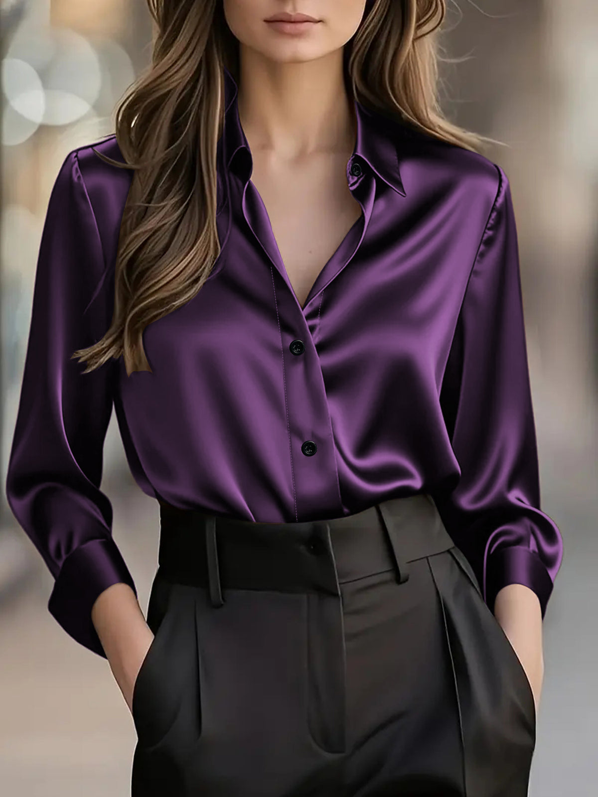 Women's Satin Button Down Shirt Long Sleeve Work Blouse