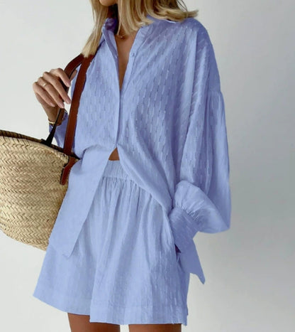 Women's Cotton Jacquard Shirt and Shorts Two Piece Set