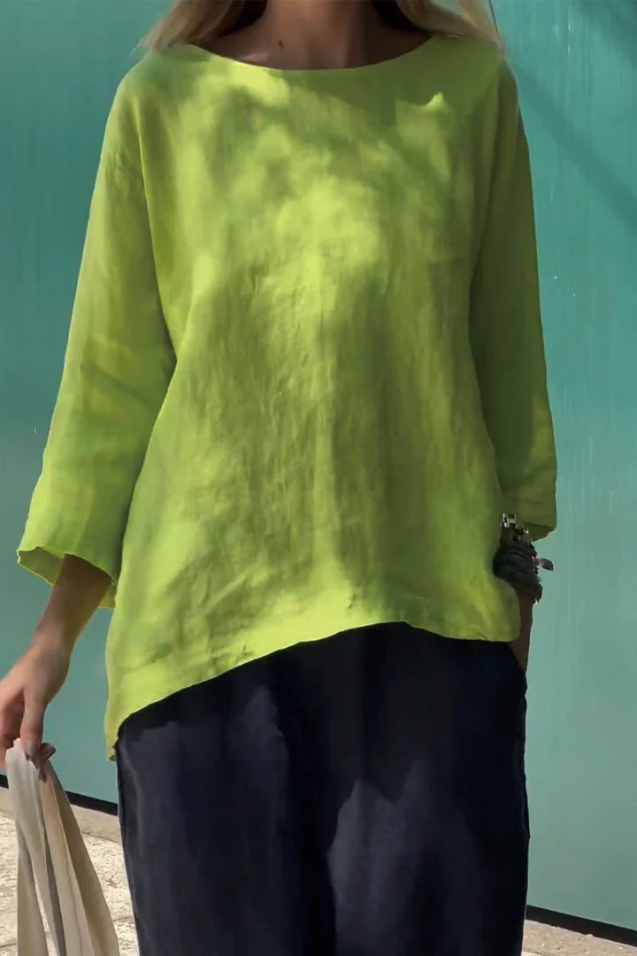 Women's Linen Blend 3/4 Sleeve Loose Casual Blouse Top