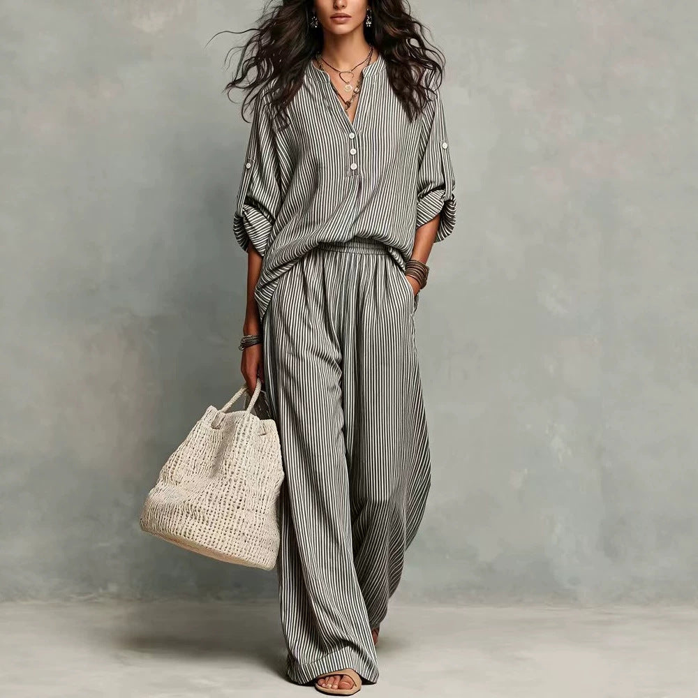 Women's Striped Cotton Lounge Set V-Neck Wide Leg Pants