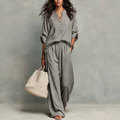 Women's Striped Cotton Lounge Set V-Neck Wide Leg Pants