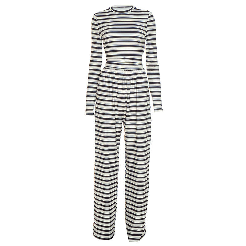 Women's Striped 2 Piece Crop Top Pants Lounge Set