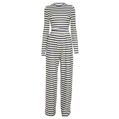 Women's Striped 2 Piece Crop Top Pants Lounge Set