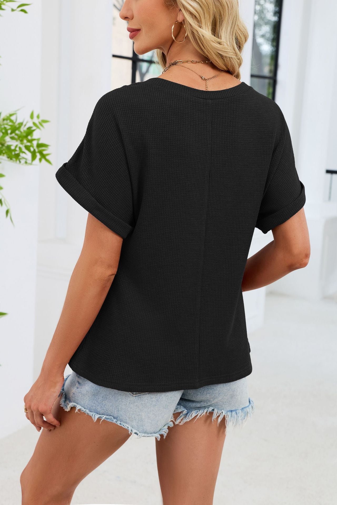Crochet Lace Yoke Short Sleeve Waffle Knit Casual Top