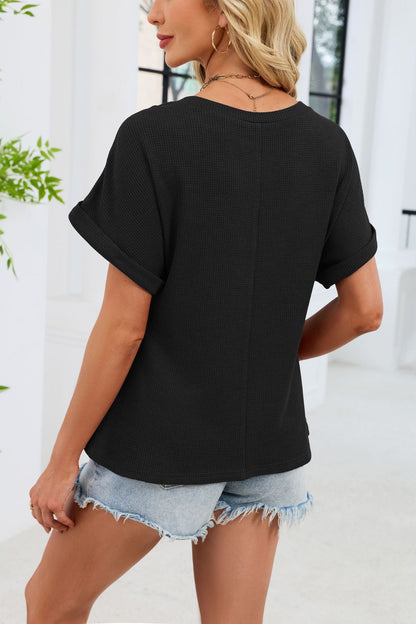 Crochet Lace Yoke Short Sleeve Waffle Knit Casual Top