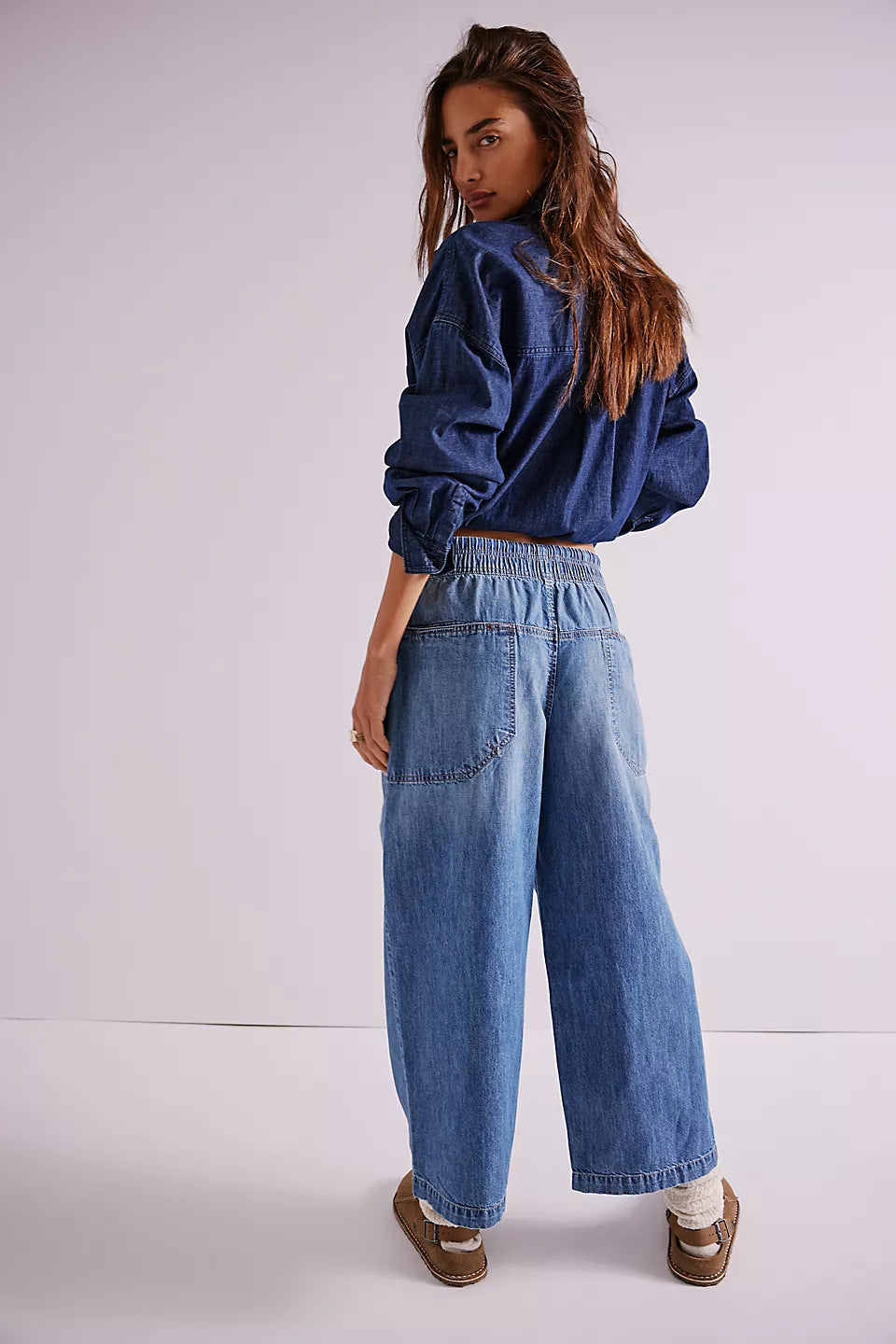 Women's Baggy Wide Leg Jeans Elastic Waist Drawstring