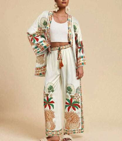 Women's Boho Kimono Cardigan Wide Leg Pants Matching Set