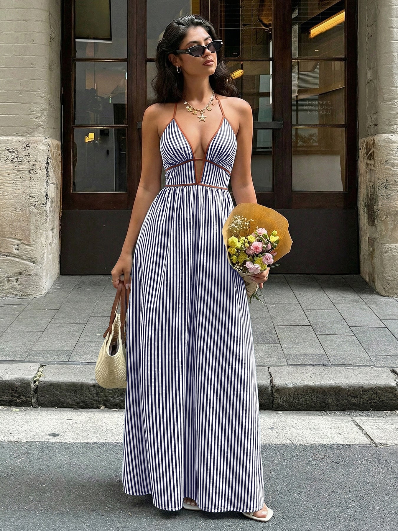 Striped Halter Backless Maxi Dress Deep V Resort Dress