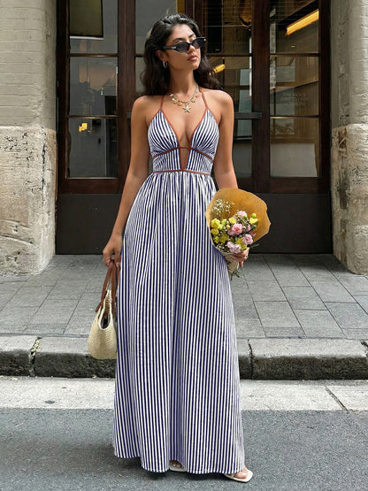 Striped Halter Backless Maxi Dress Deep V Resort Dress