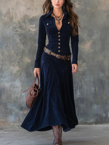 Velvet Western Maxi Shirt Dress Button Front Long Sleeve
