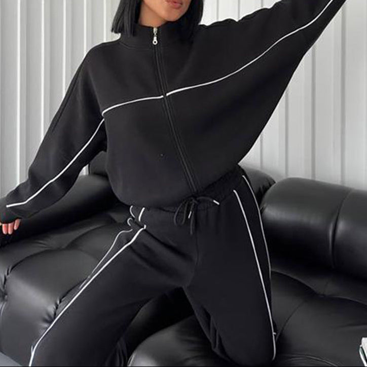 Womens Two Piece Striped Zip Up Sweatshirt Pants Set