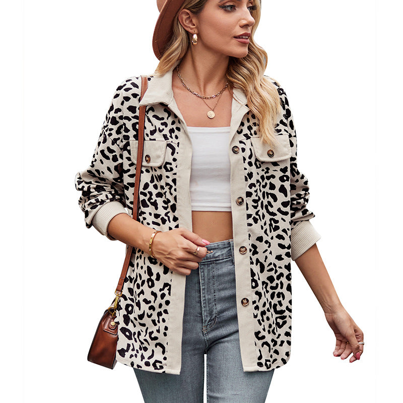 Leopard print corduroy shacket relaxed fit