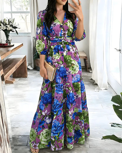 Floral Chiffon Maxi Dress V-Neck 3/4 Sleeve Smocked Tiered