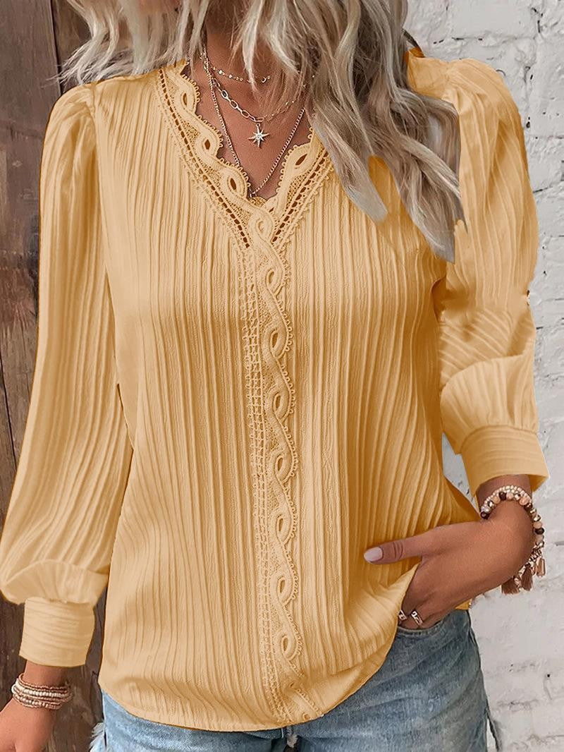 Women V Neck Eyelet Lace Puff Sleeve Blouse